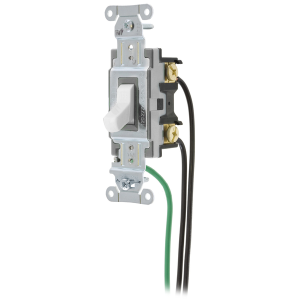 Hubbell Wiring Device-Kellems Spec Grade, Toggle Switches, General Purpose AC, Single Pole, 15A 120/277V AC, Back and Side Wired, Pre-Wired with 8" #12 THHN CSL115W